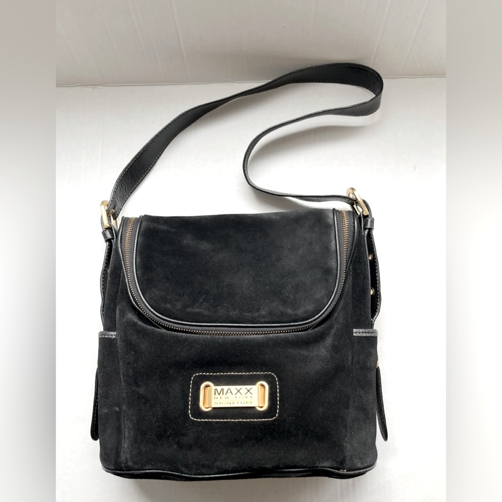 Maxx New York Signature Y2K Black Suede Shoulder Bag with Leather Strap and Trim